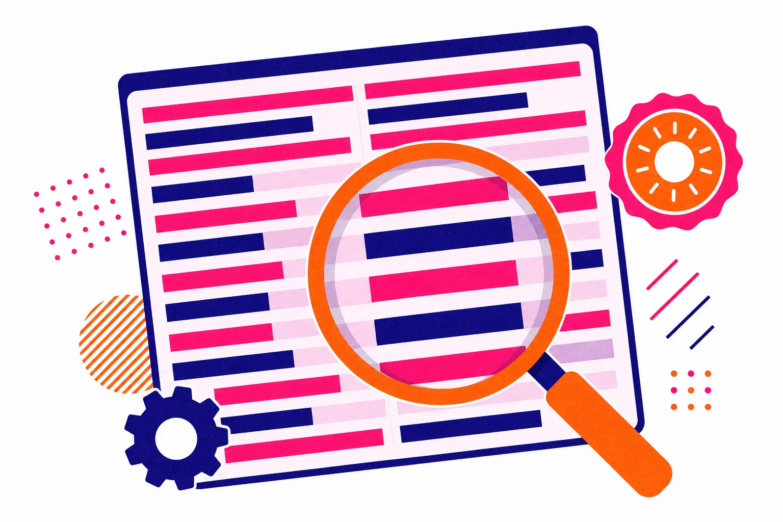 Illustration of a code diff document under a magnifying glass with an approval stamp beside it