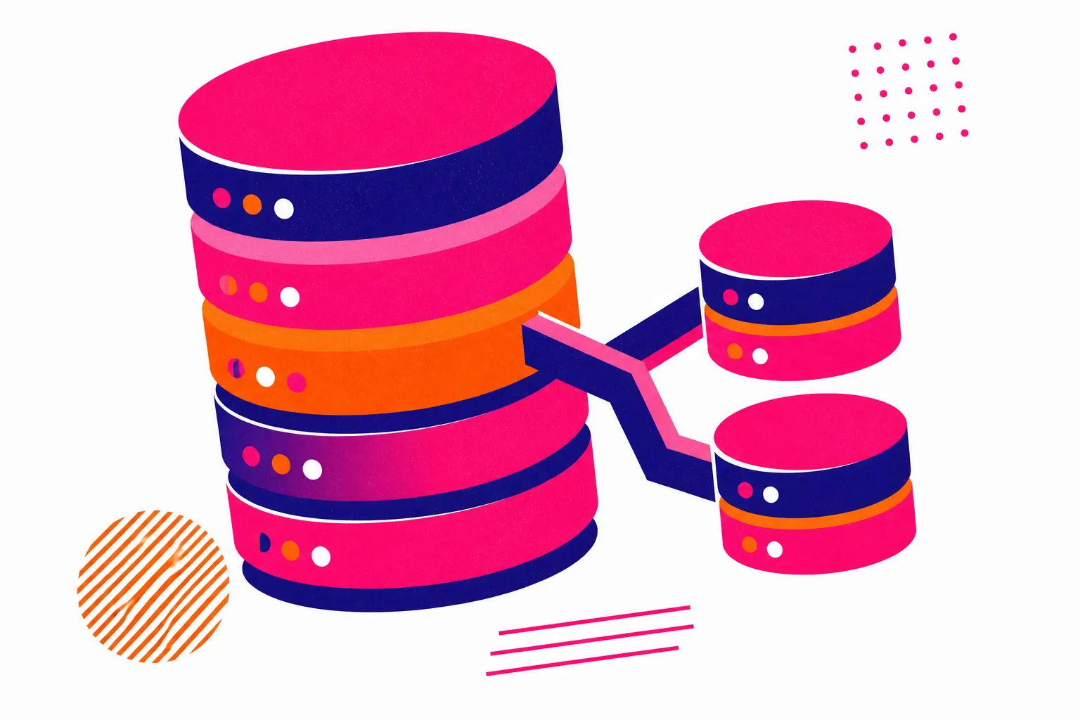Illustration of a stack of database discs with a branch forking off into two smaller stacks