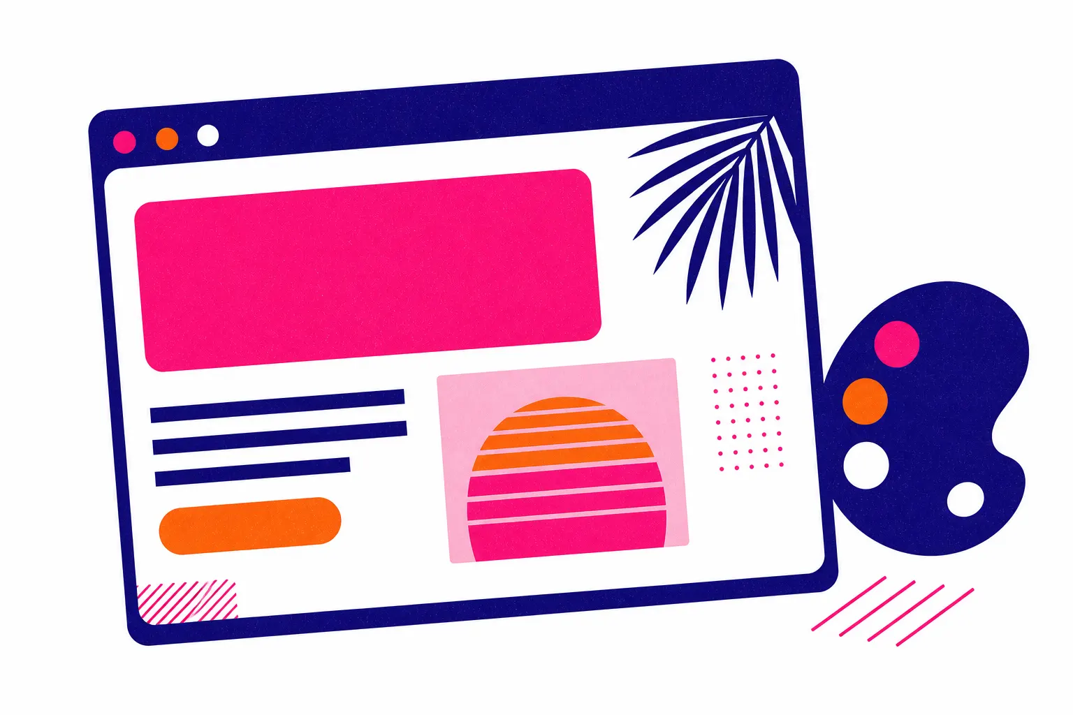 Illustration of a browser window with a landing page layout under composition, beside a painter palette