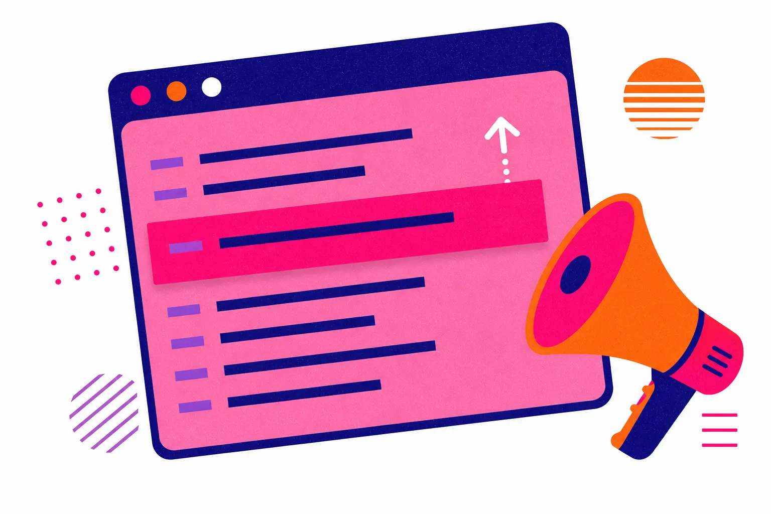 Illustration of a search results page with one result rising, next to a megaphone