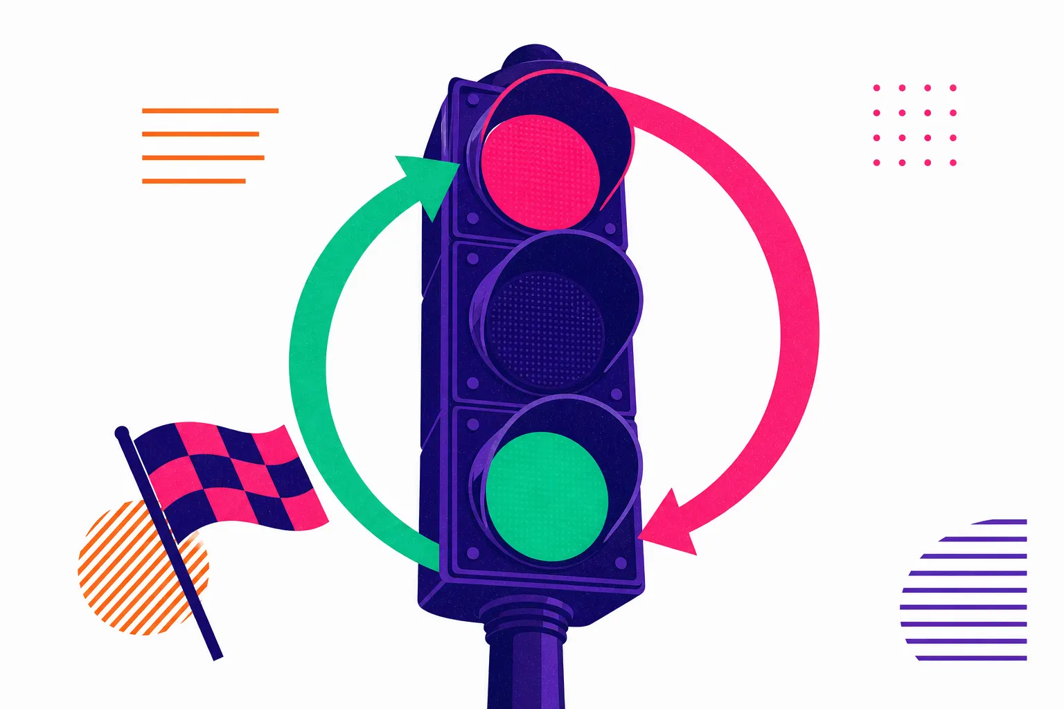 Illustration of a traffic light showing red and green, with a checkmark flag