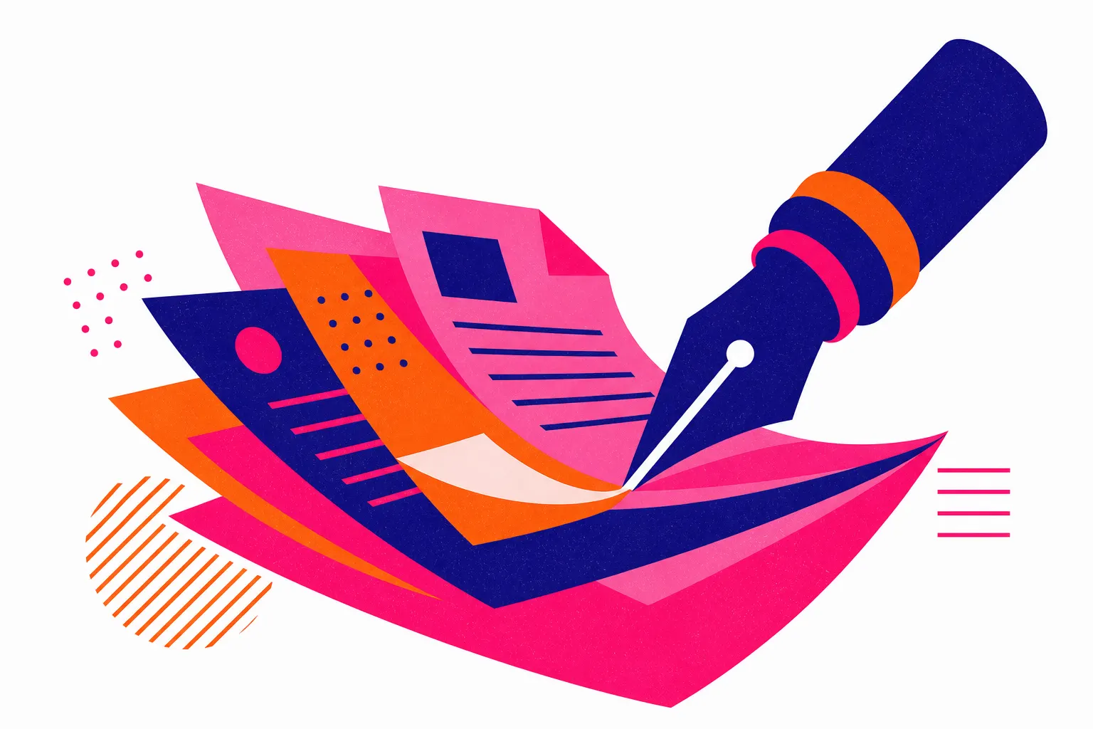 Illustration of a fountain pen drawing geometric shapes and document pages